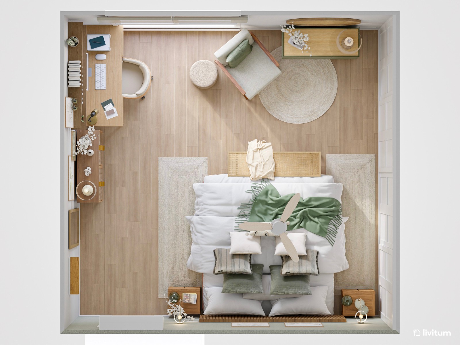 Espacioso dormitorio con zona de trabajo en madera y verde