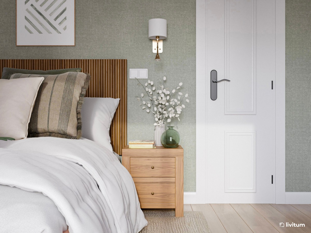 Espacioso dormitorio con zona de trabajo en madera y verde - Livitum.com
