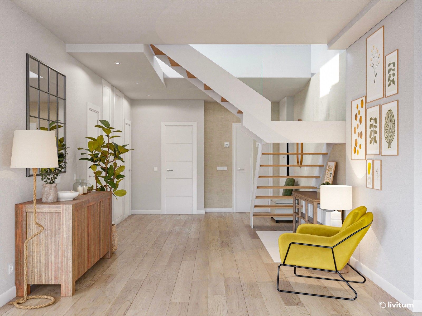 Espacioso recibidor con escalera, con muebles de madera oscura