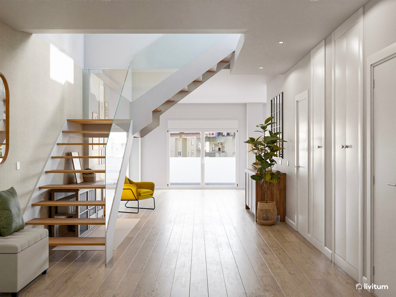 Espacioso recibidor con escalera, con muebles de madera oscura