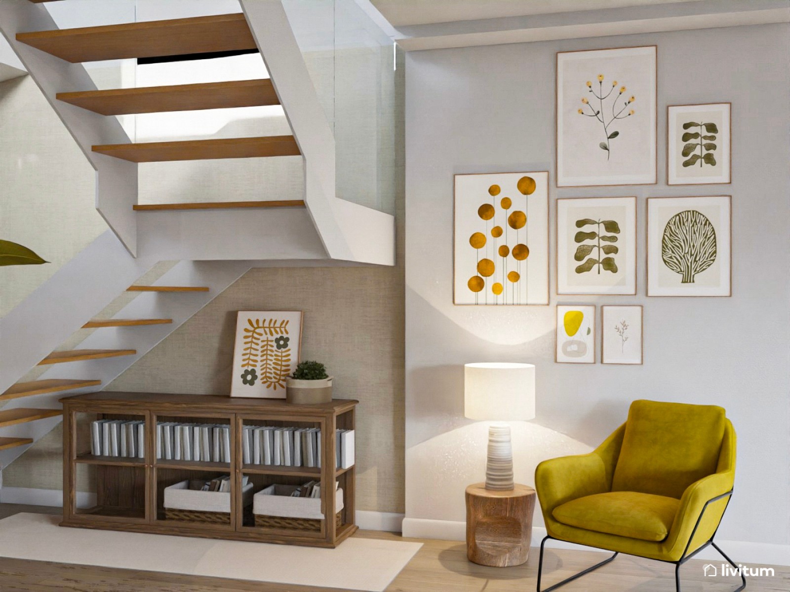 Espacioso recibidor con escalera, con muebles de madera oscura