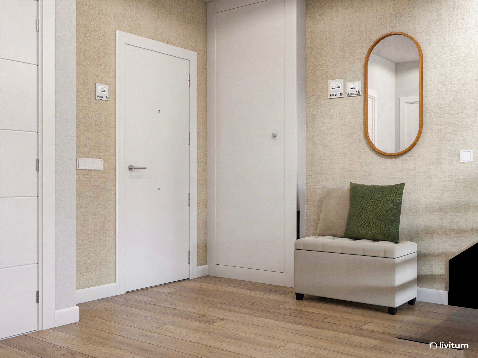 Espacioso recibidor con escalera, con muebles de madera oscura