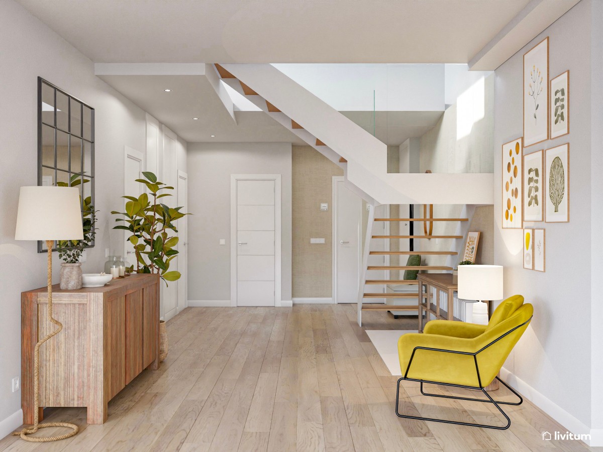 Espacioso recibidor con escalera, con muebles de madera oscura
