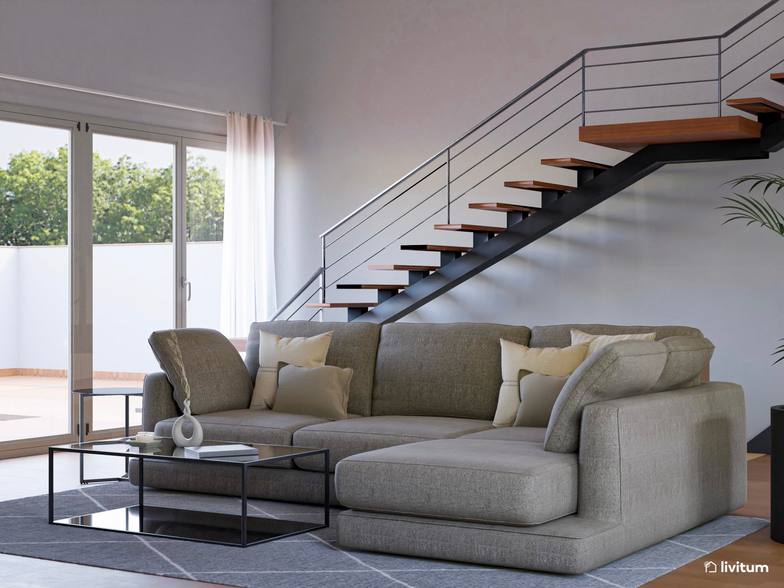 Espacioso salón comedor en tonos oscuros y muebles modernos