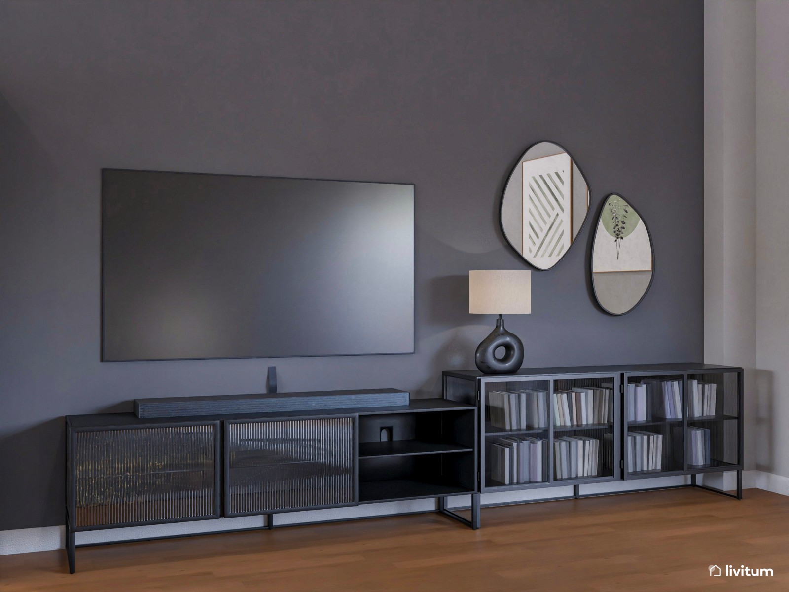 Espacioso salón comedor en tonos oscuros y muebles modernos