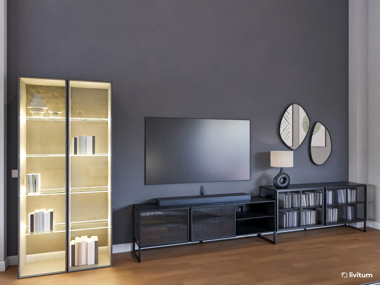 Espacioso salón comedor en tonos oscuros y muebles modernos