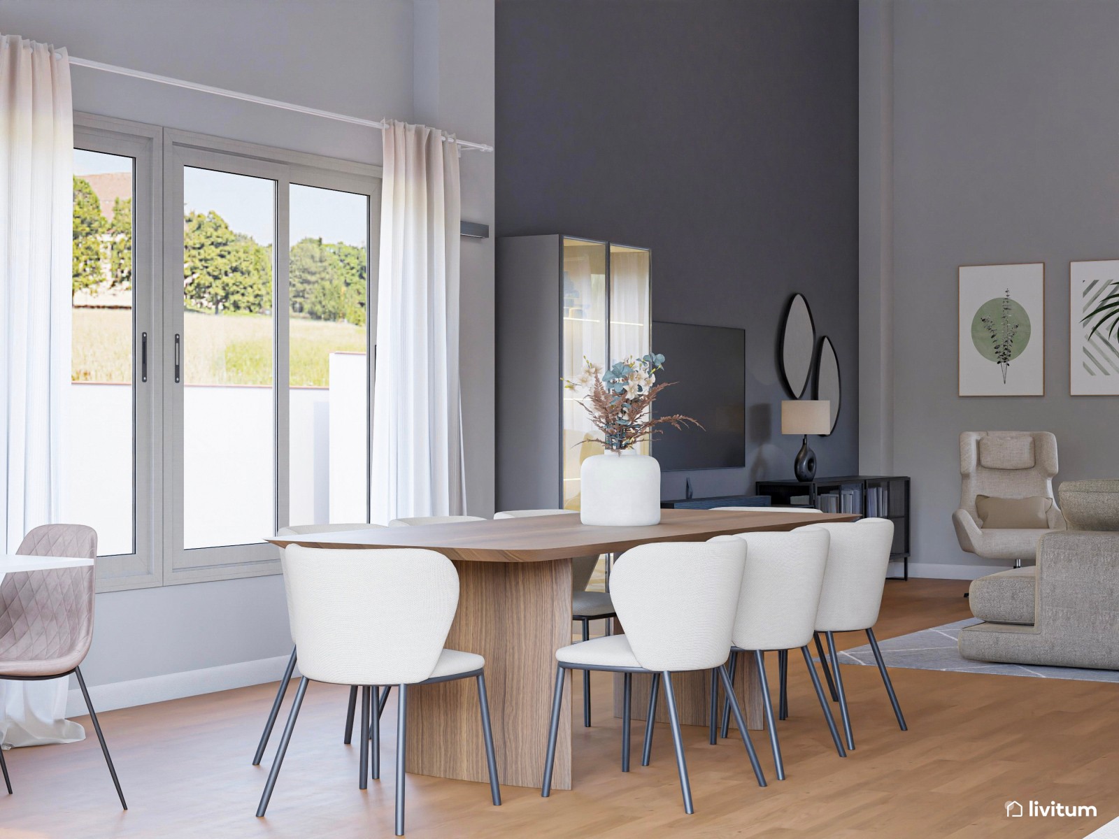 Espacioso salón comedor en tonos oscuros y muebles modernos