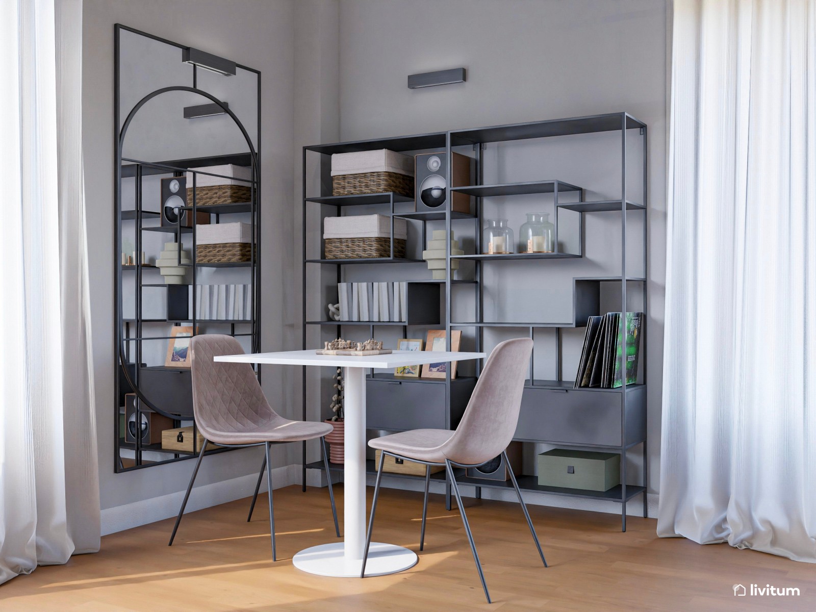 Espacioso salón comedor en tonos oscuros y muebles modernos