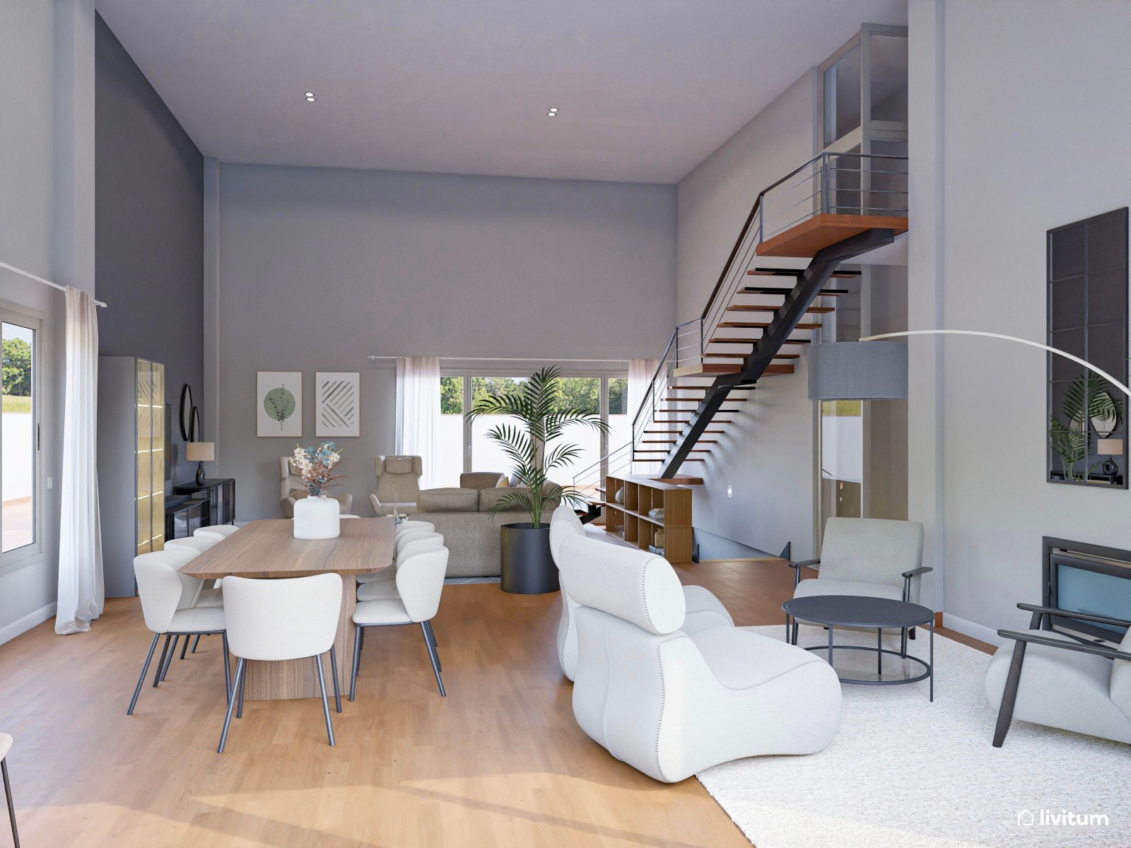 Espacioso salón comedor en tonos oscuros y muebles modernos