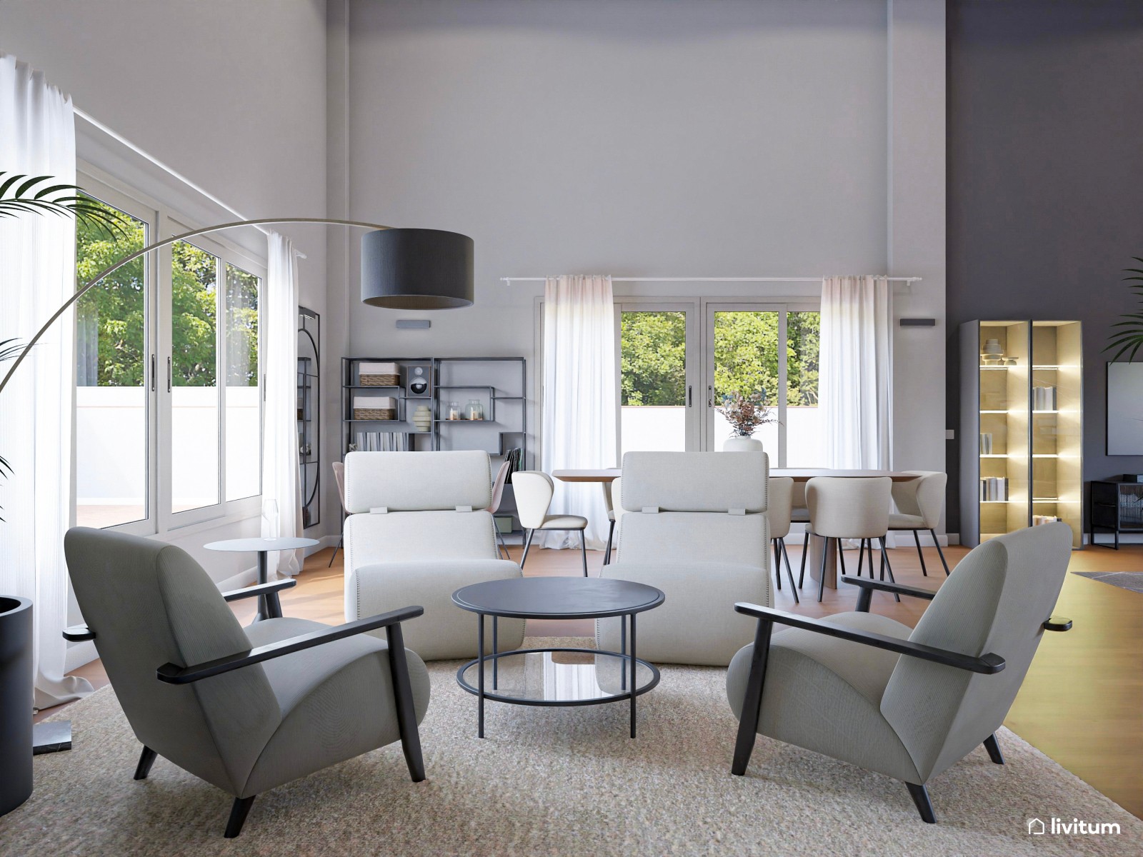 Espacioso salón comedor en tonos oscuros y muebles modernos