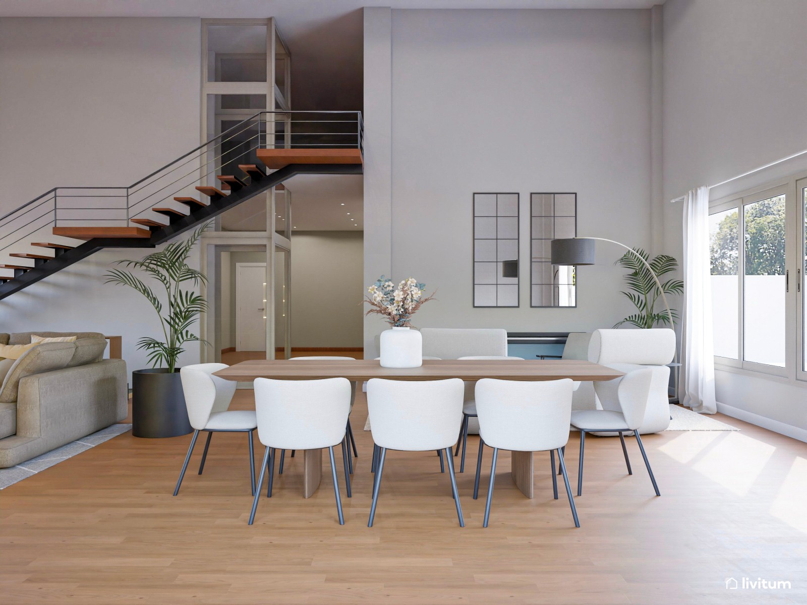 Espacioso salón comedor en tonos oscuros y muebles modernos