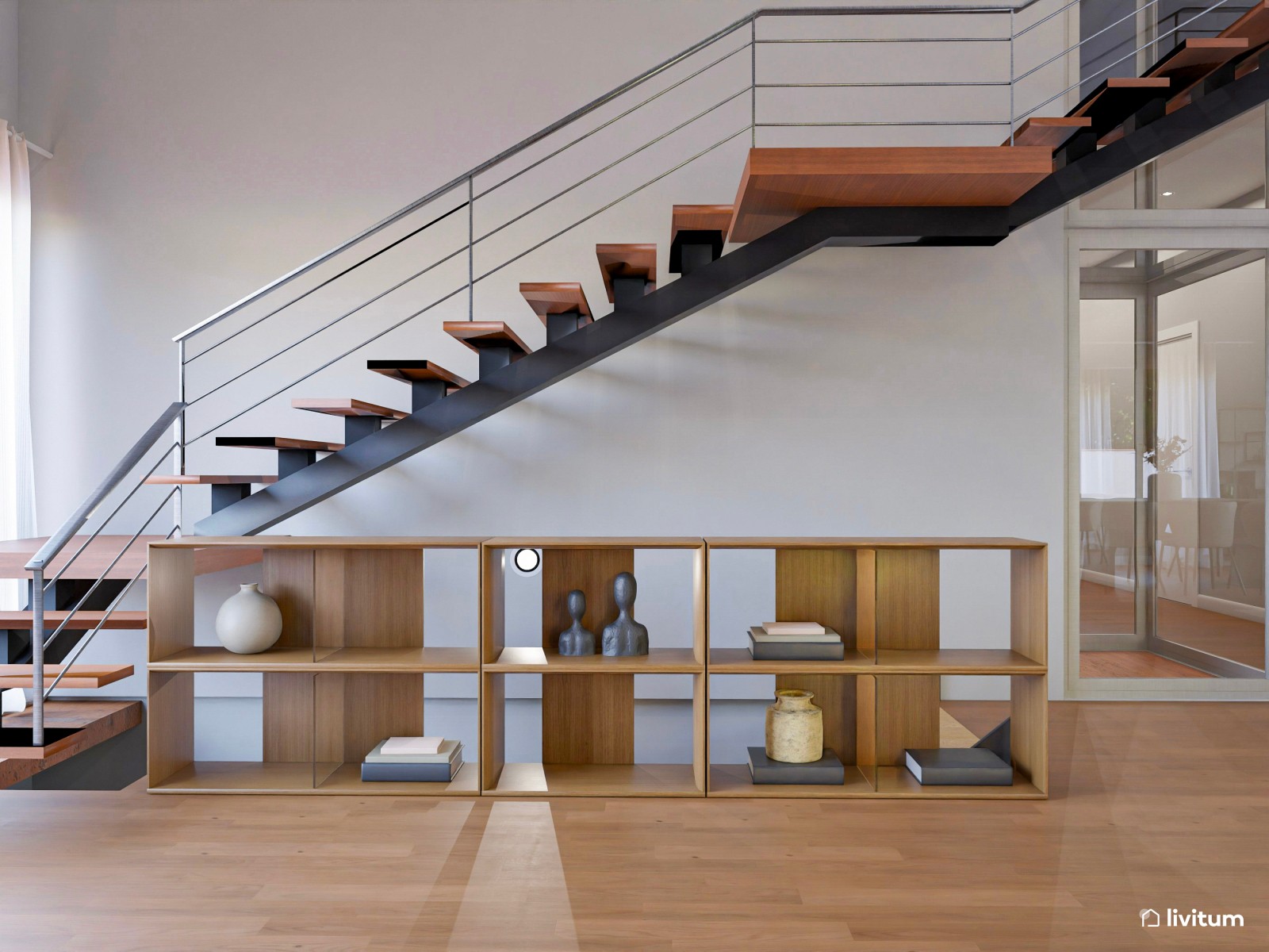 Espacioso salón comedor en tonos oscuros y muebles modernos