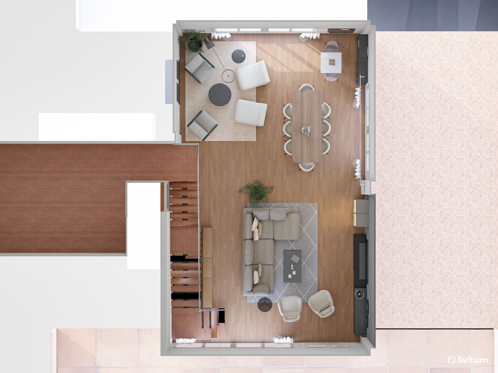 Espacioso salón comedor en tonos oscuros y muebles modernos