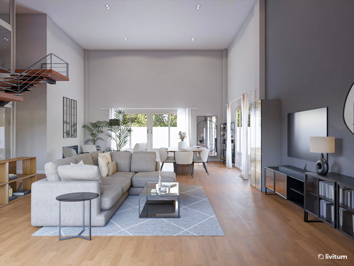 Espacioso salón comedor en tonos oscuros y muebles modernos