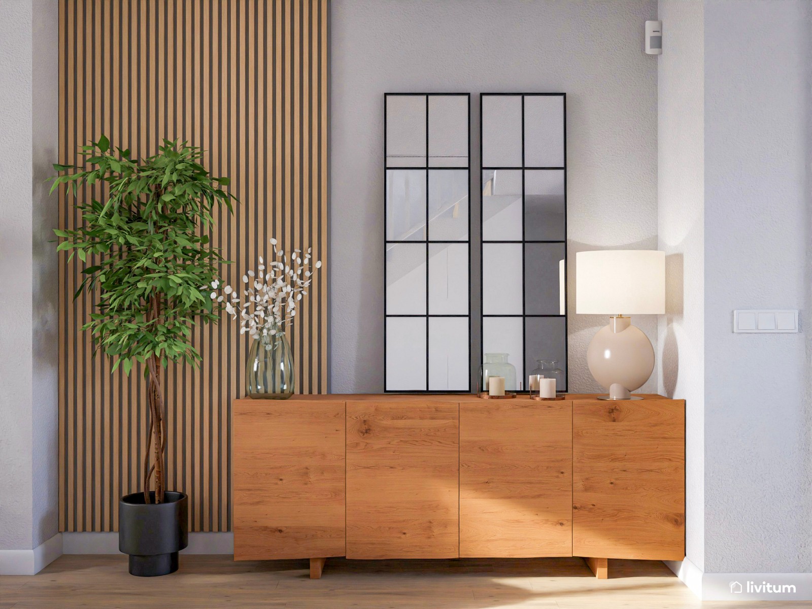 Espacioso salón comedor nórdico con detalles en negro y dorado