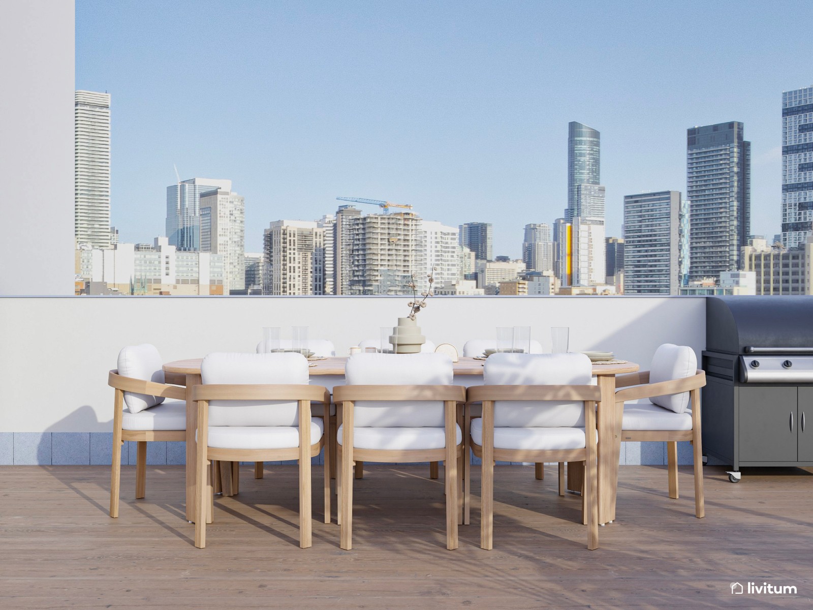 Espectacular terraza con pérgola de acero, zona de descanso y amplio comedor exterior