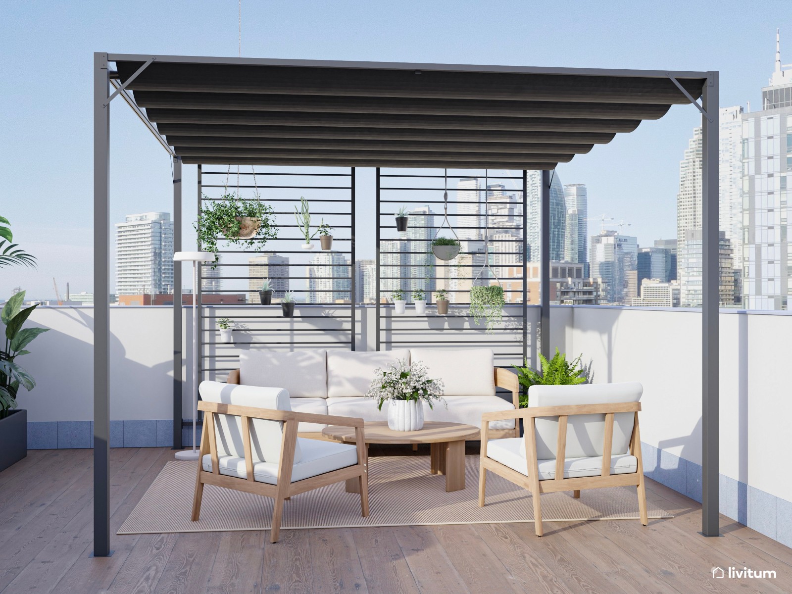 Espectacular terraza con pérgola de acero, zona de descanso y amplio comedor exterior