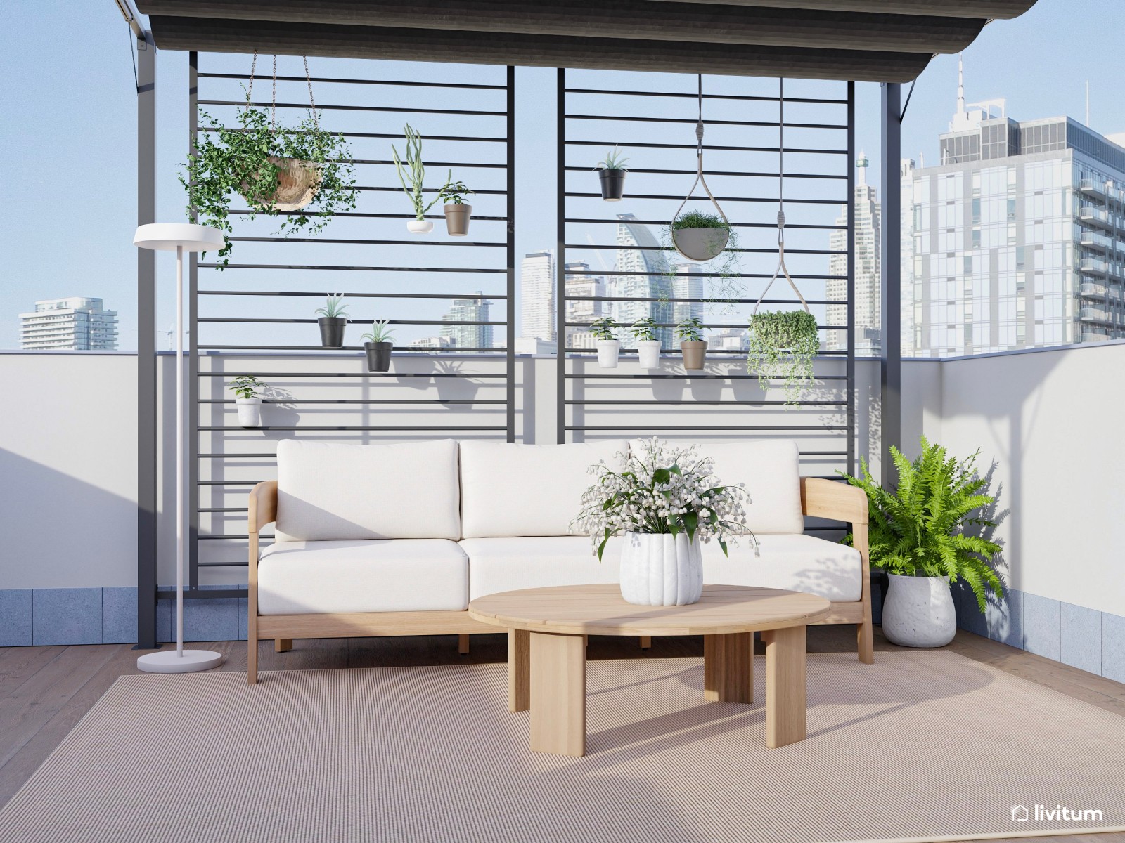 Espectacular terraza con pérgola de acero, zona de descanso y amplio comedor exterior