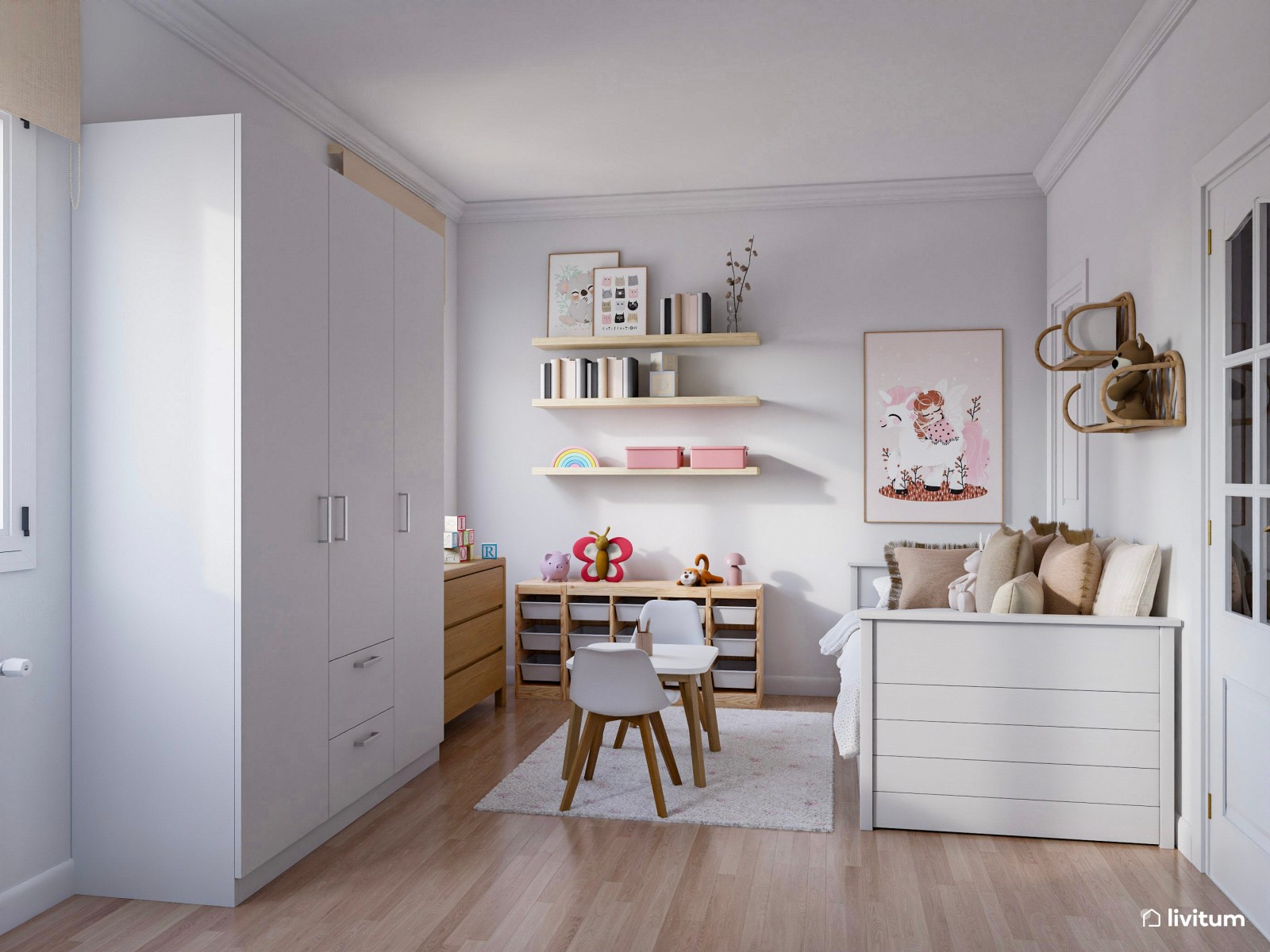 Espléndido dormitorio infantil con espacio para jugar, compartir y descansar 