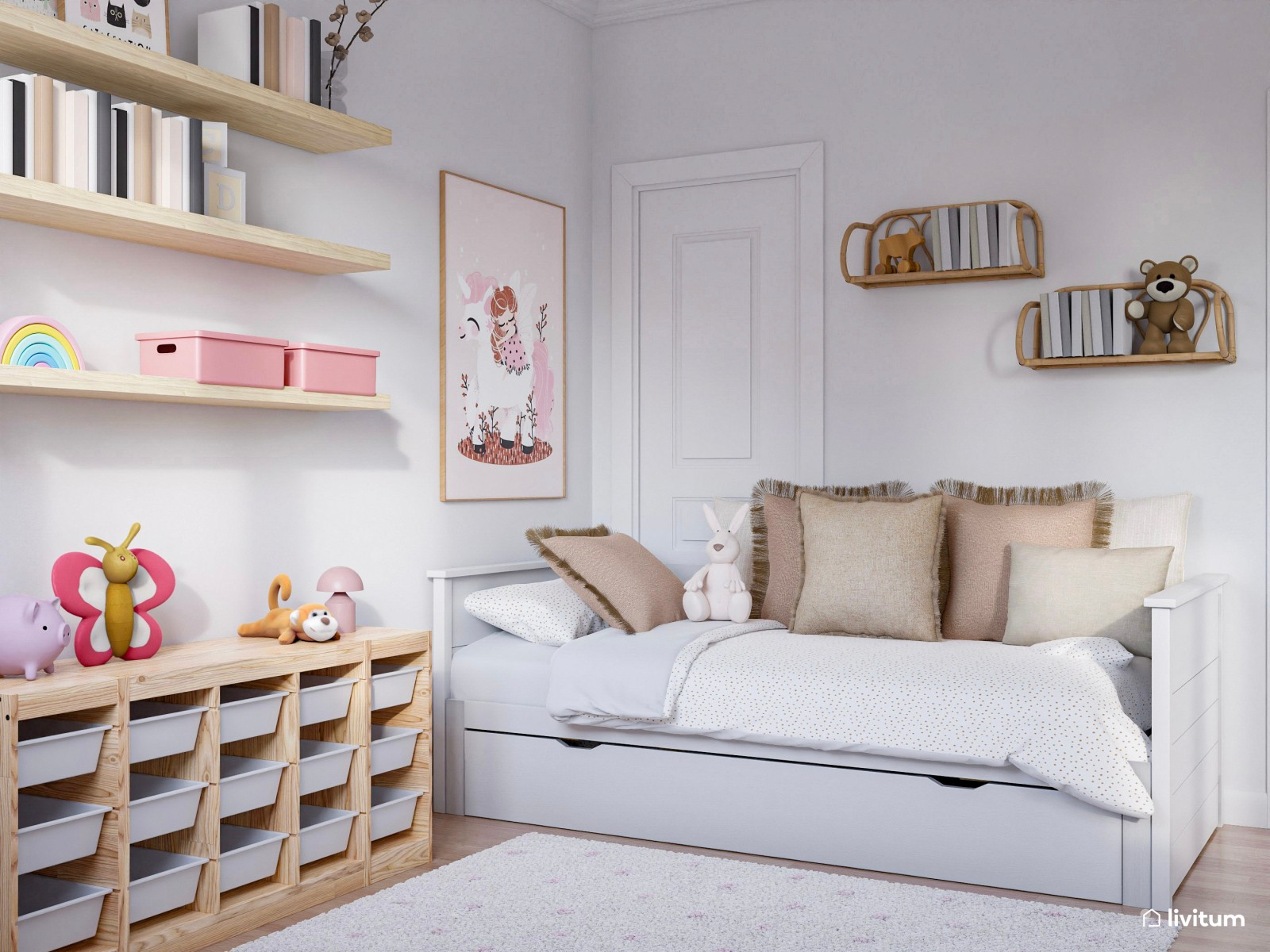 Espléndido dormitorio infantil con espacio para jugar, compartir y descansar 