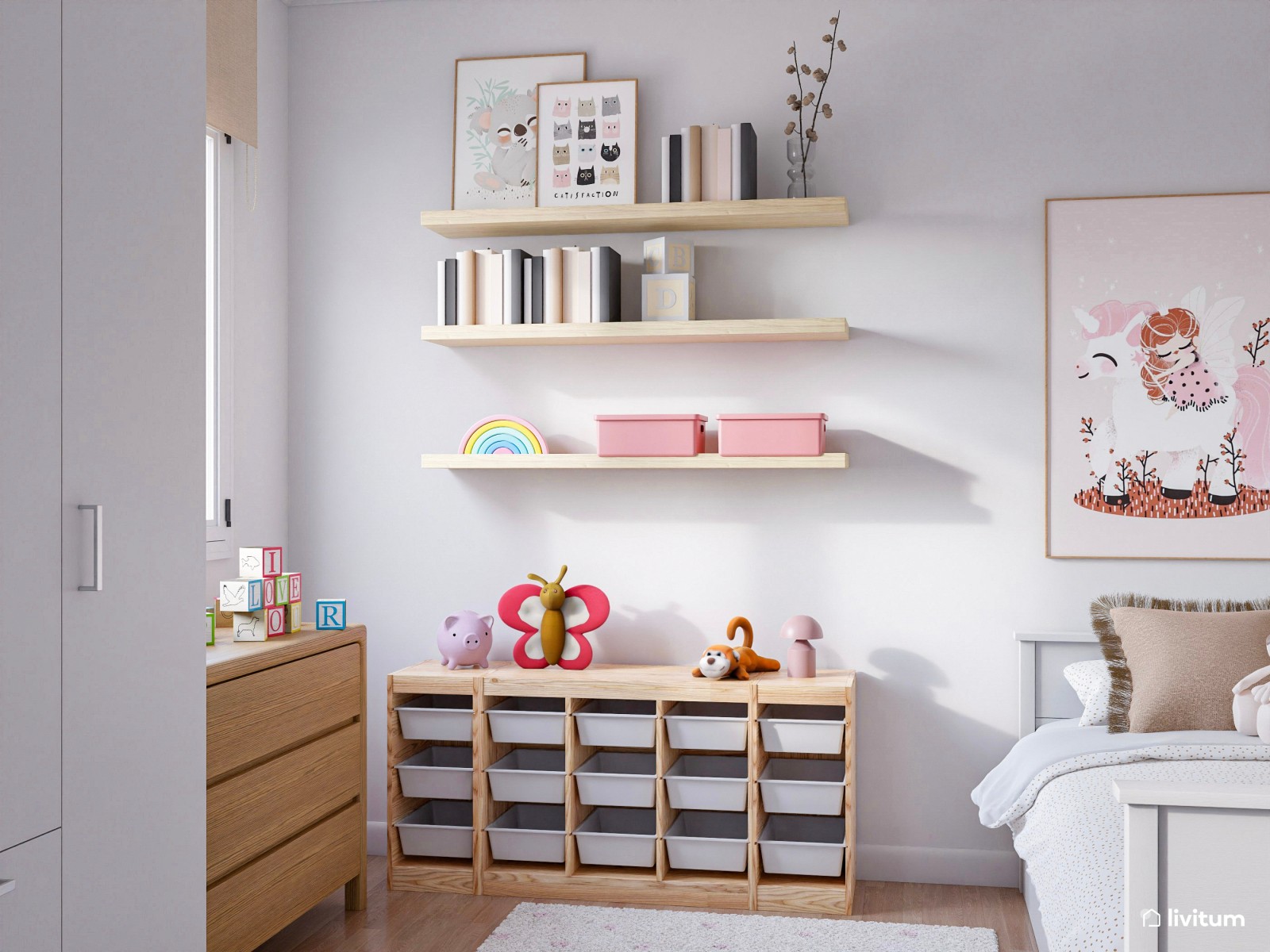 Espléndido dormitorio infantil con espacio para jugar, compartir y descansar 