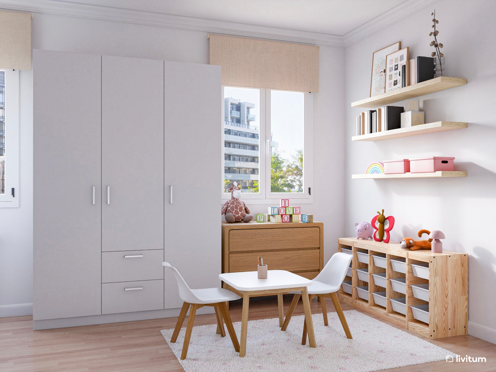 Espléndido dormitorio infantil con espacio para jugar, compartir y descansar 