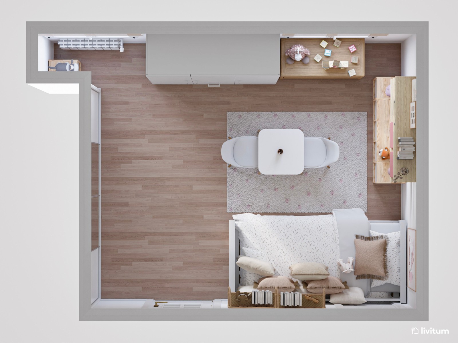 Espléndido dormitorio infantil con espacio para jugar, compartir y descansar 