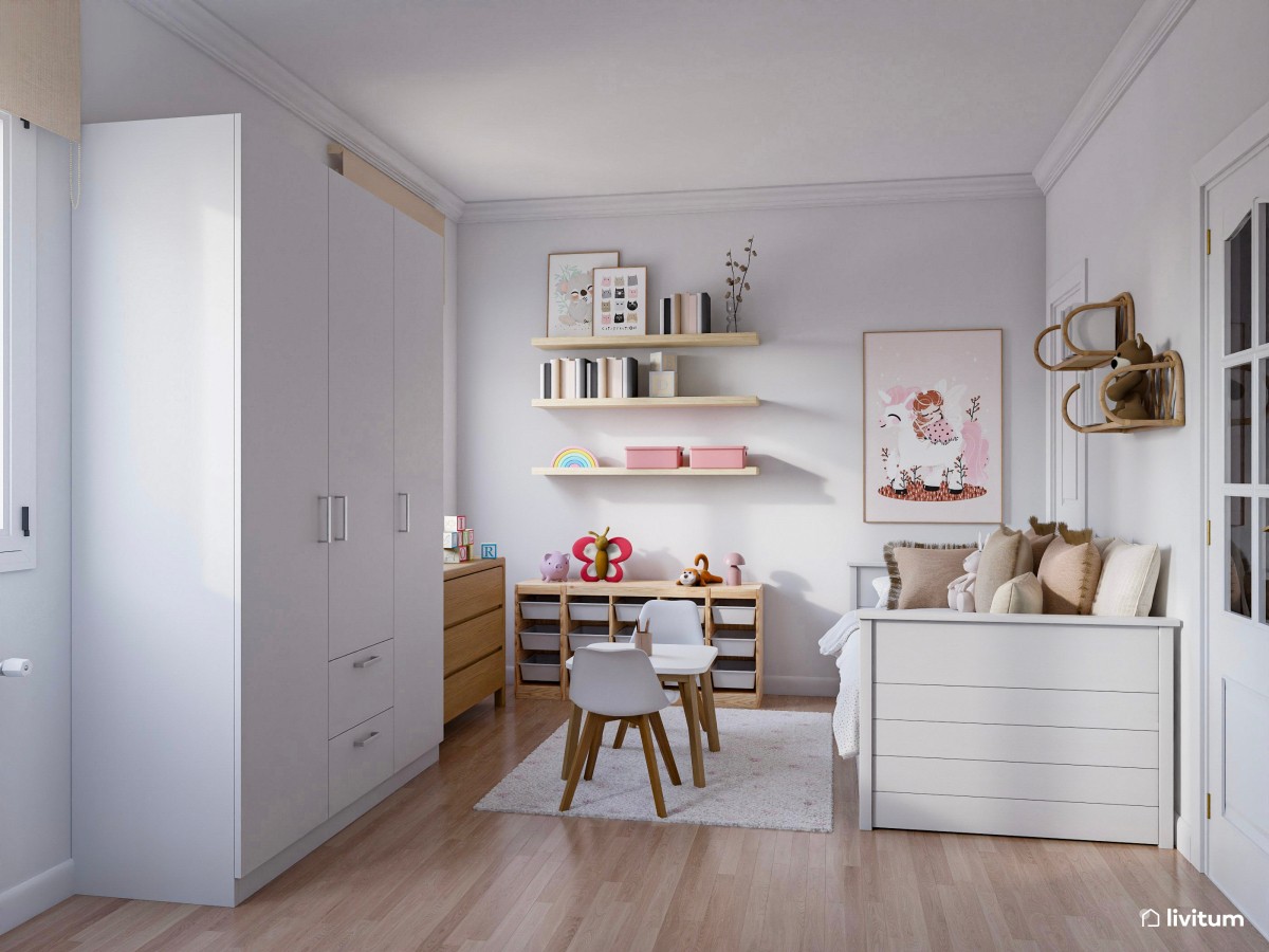 Espléndido dormitorio infantil con espacio para jugar, compartir y descansar