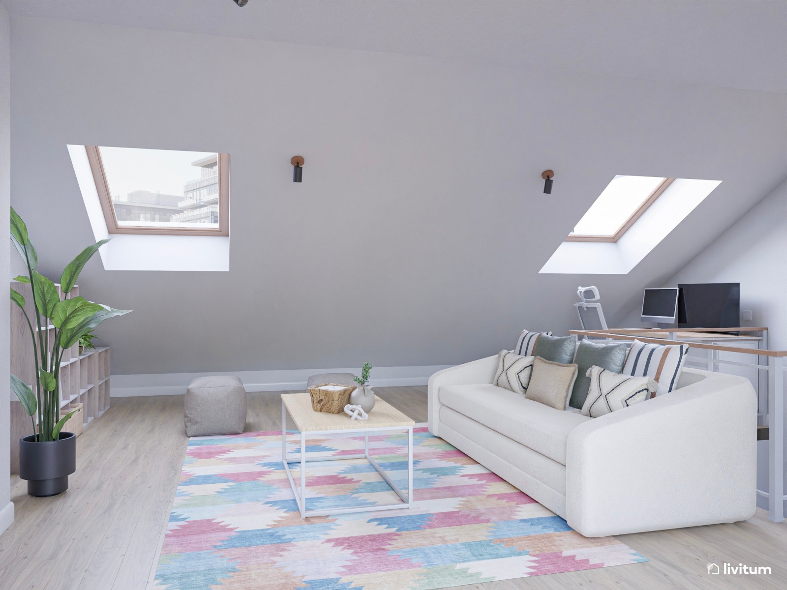 Estudio abuhardillado de estilo minimalista con zona de despacho y salón