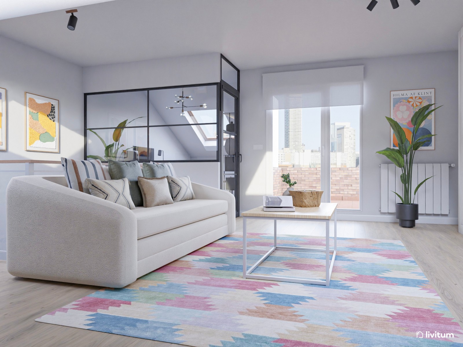 Estudio abuhardillado de estilo minimalista con zona de despacho y salón