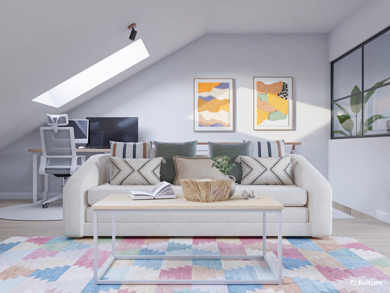 Estudio abuhardillado de estilo minimalista con zona de despacho y salón