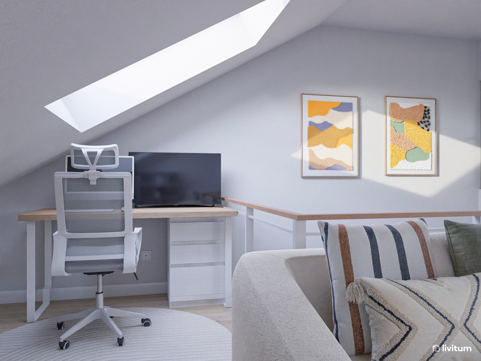 Estudio abuhardillado de estilo minimalista con zona de despacho y salón