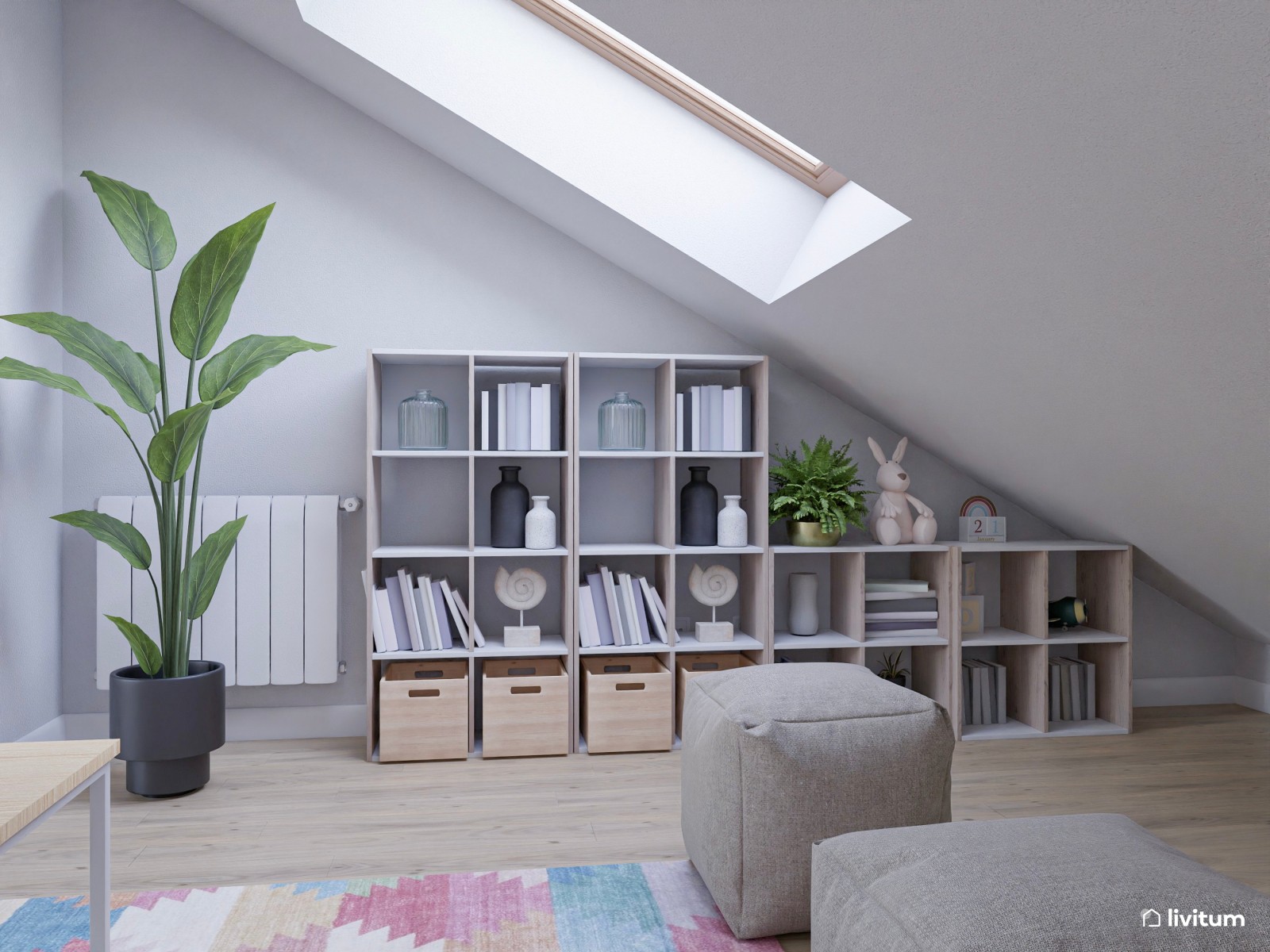 Estudio abuhardillado de estilo minimalista con zona de despacho y salón