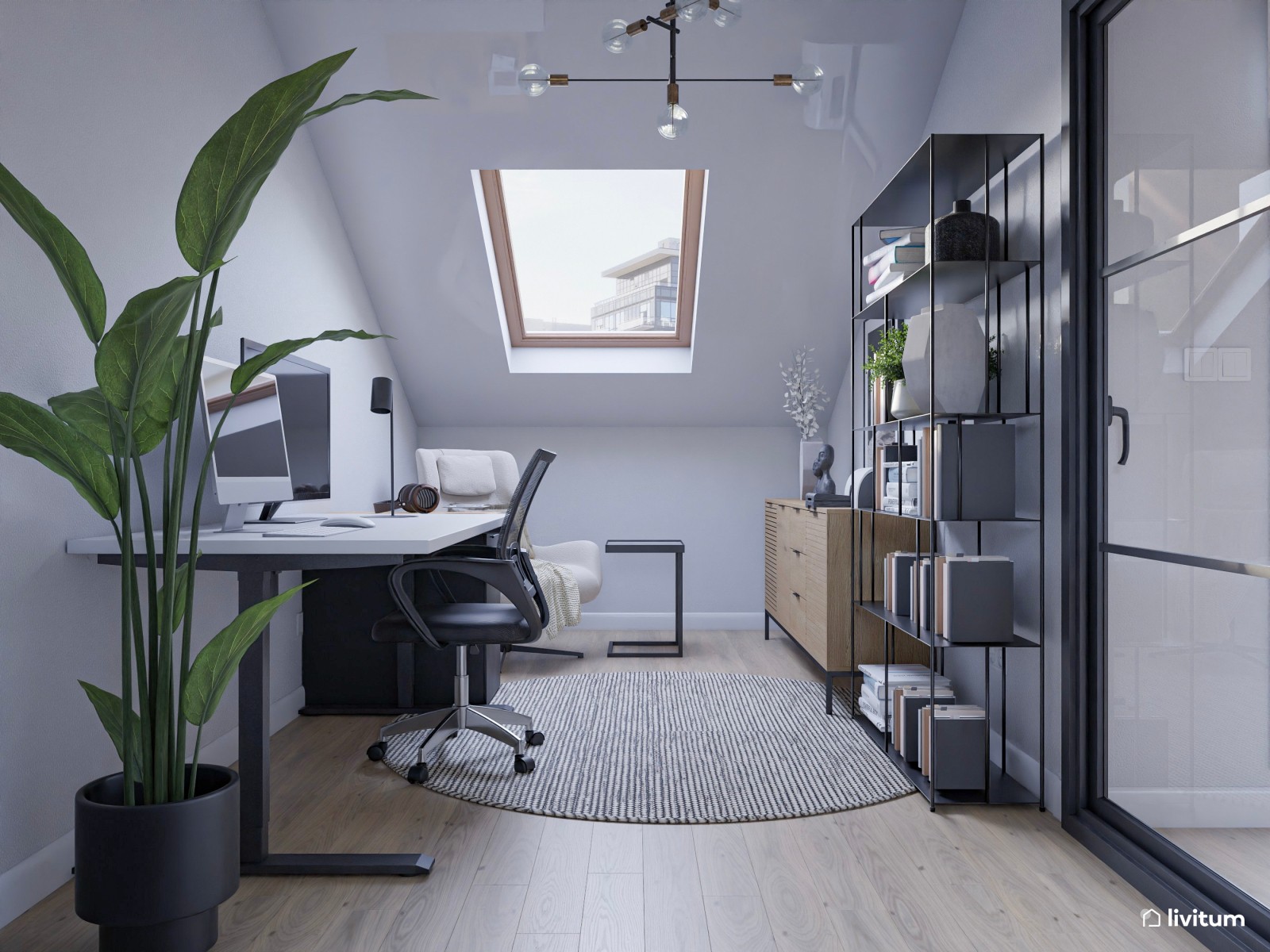 Estudio abuhardillado de estilo minimalista con zona de despacho y salón