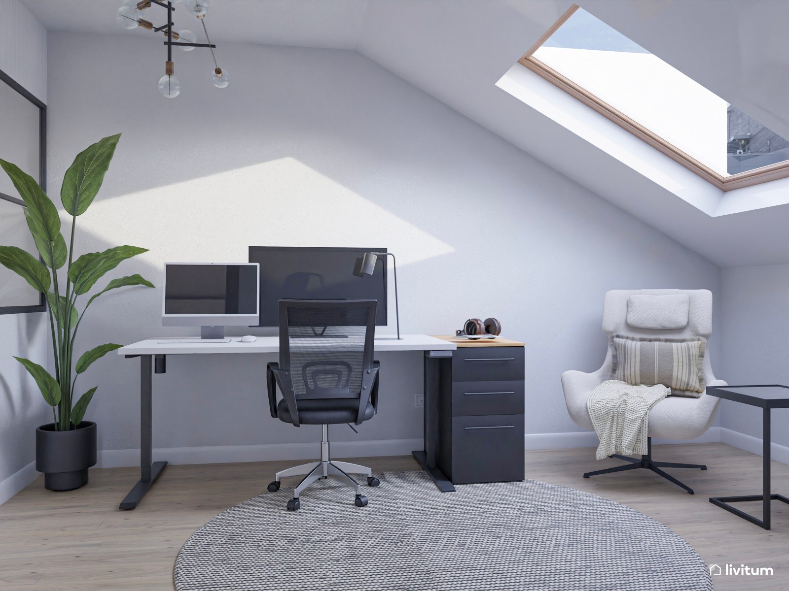 Estudio abuhardillado de estilo minimalista con zona de despacho y salón