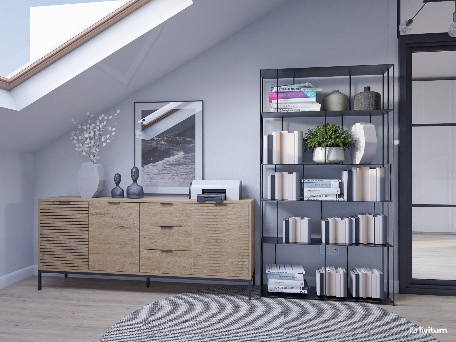 Estudio abuhardillado de estilo minimalista con zona de despacho y salón