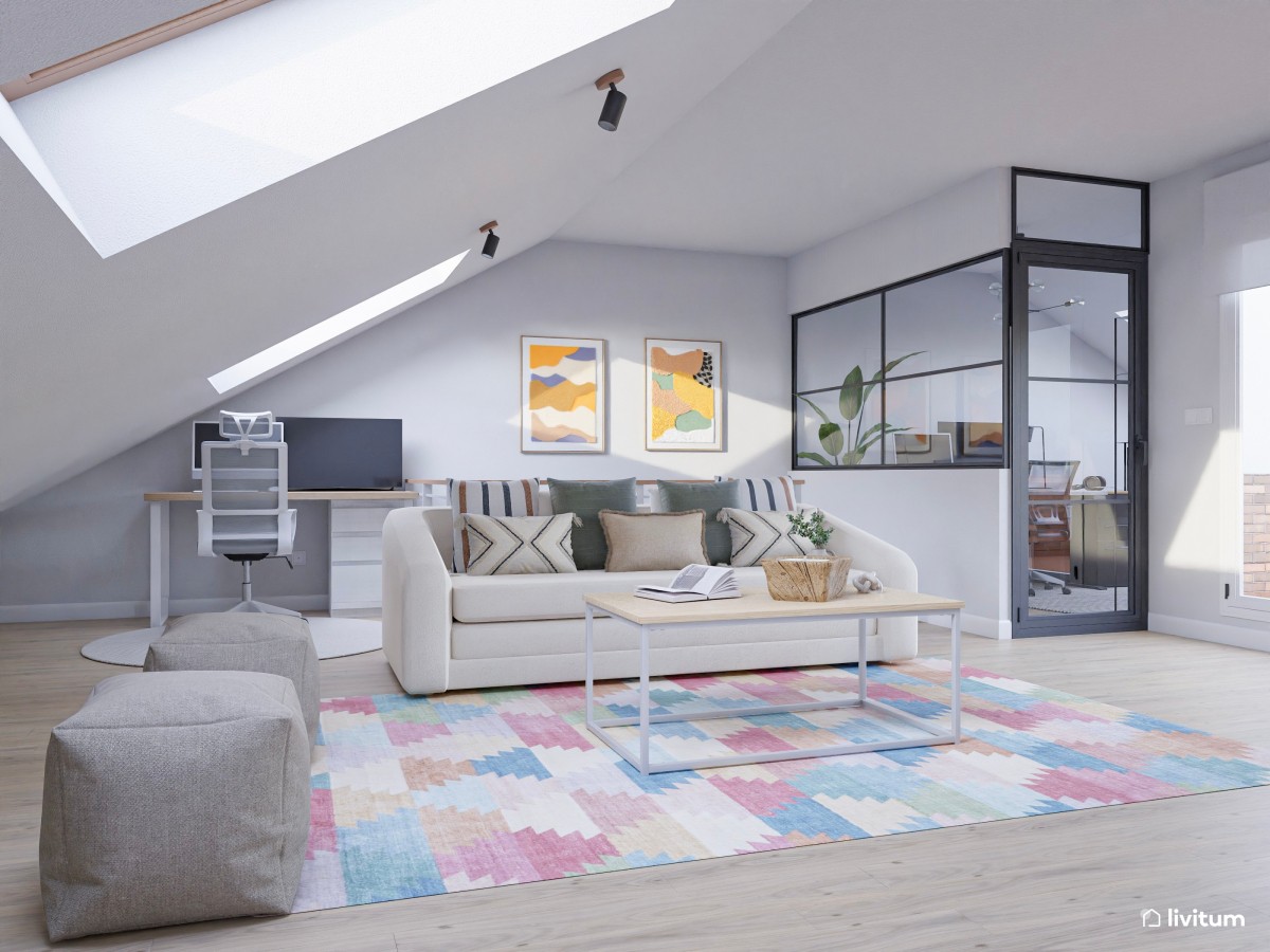 Estudio abuhardillado de estilo minimalista con zona de despacho y salón