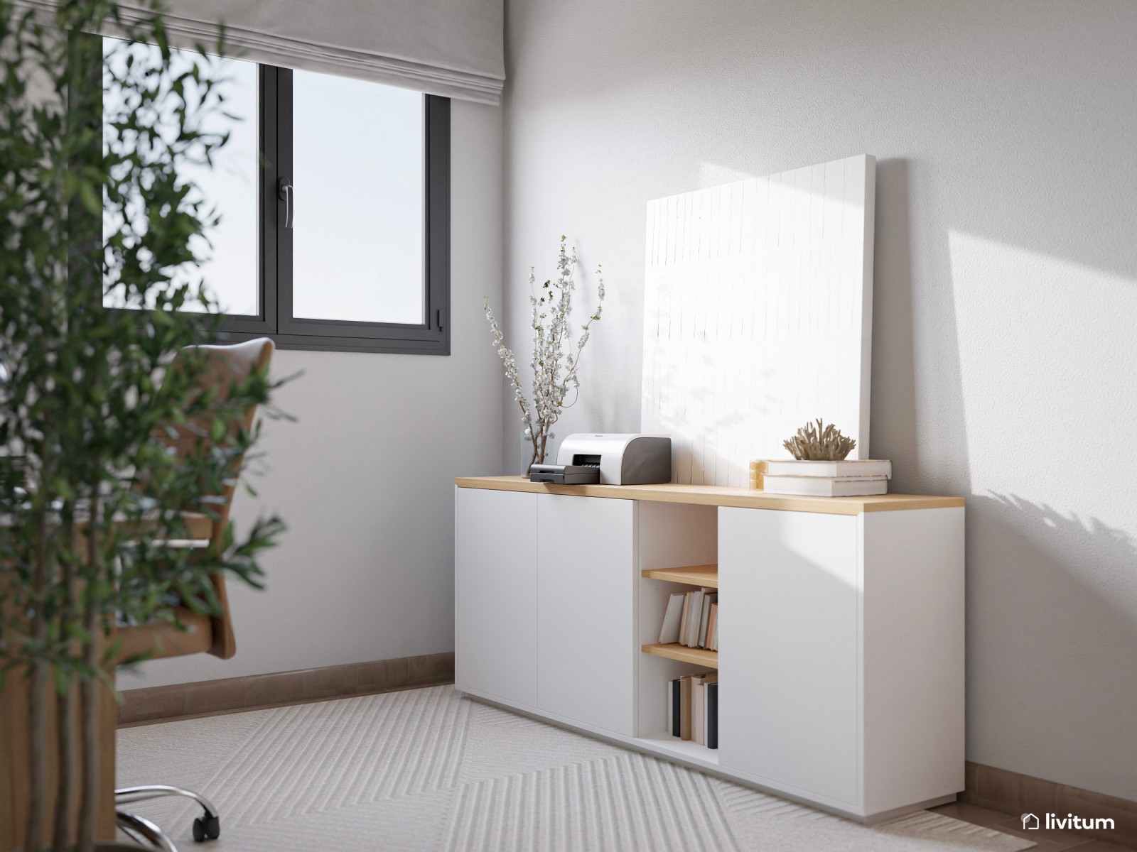 Estudio acogedor en tonos tierra con escritorio de madera y detalles sobrios