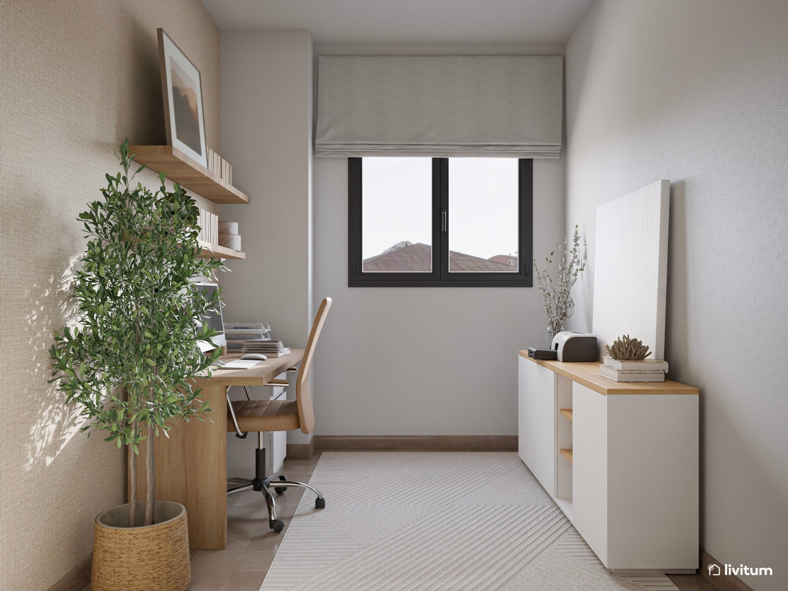 Estudio acogedor en tonos tierra con escritorio de madera y detalles sobrios