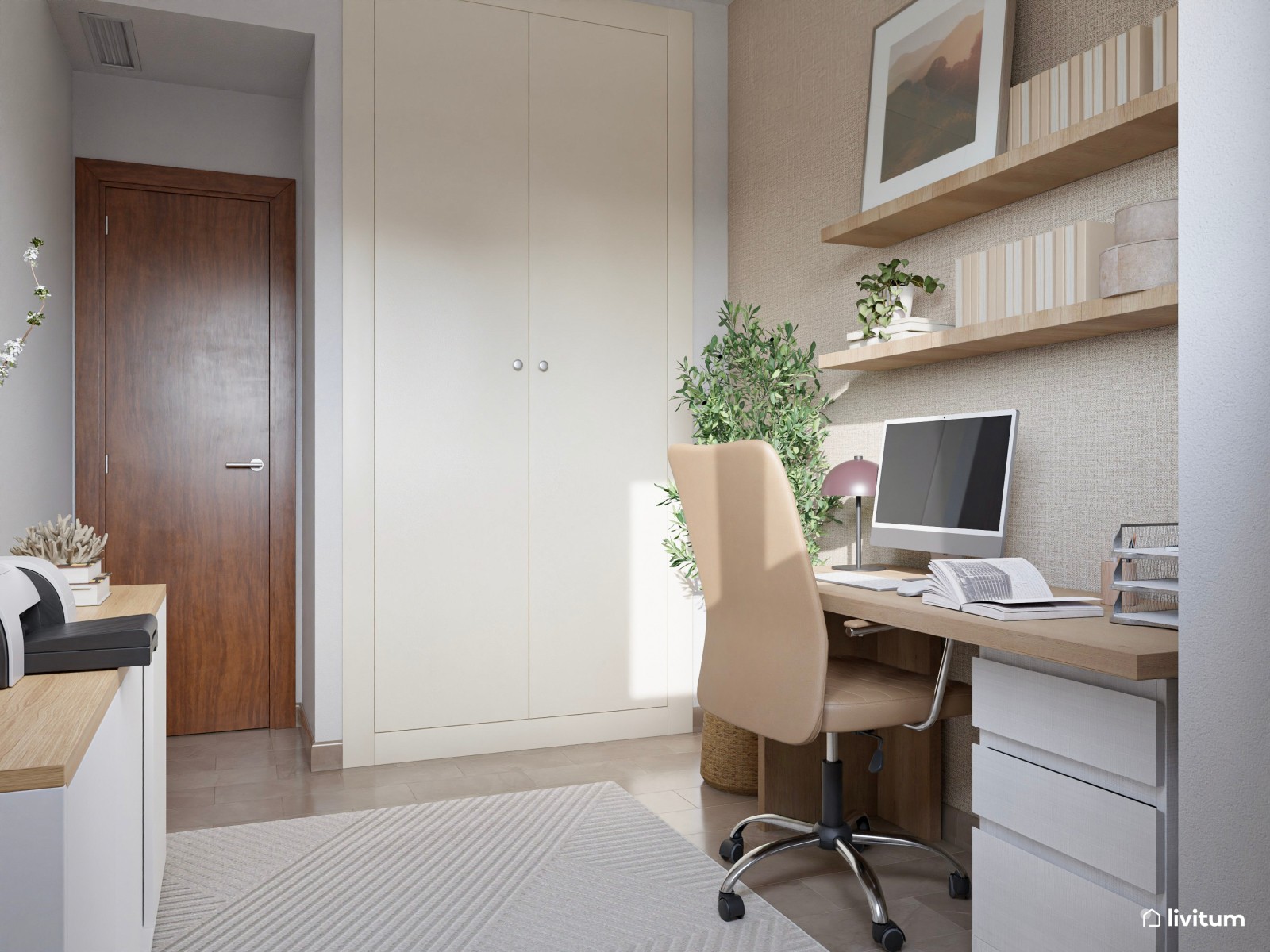 Estudio acogedor en tonos tierra con escritorio de madera y detalles sobrios