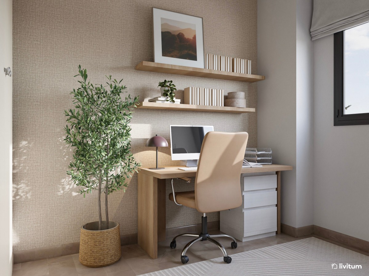Estudio acogedor en tonos tierra con escritorio de madera y detalles sobrios