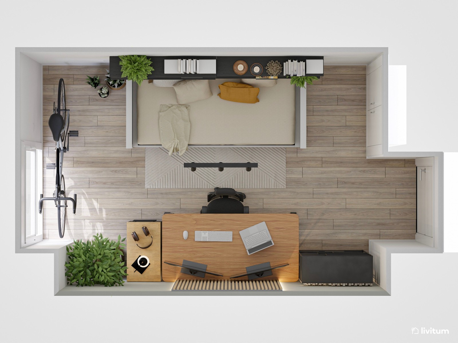 Estudio amplio y cómodo con cama y mucho almacenamiento