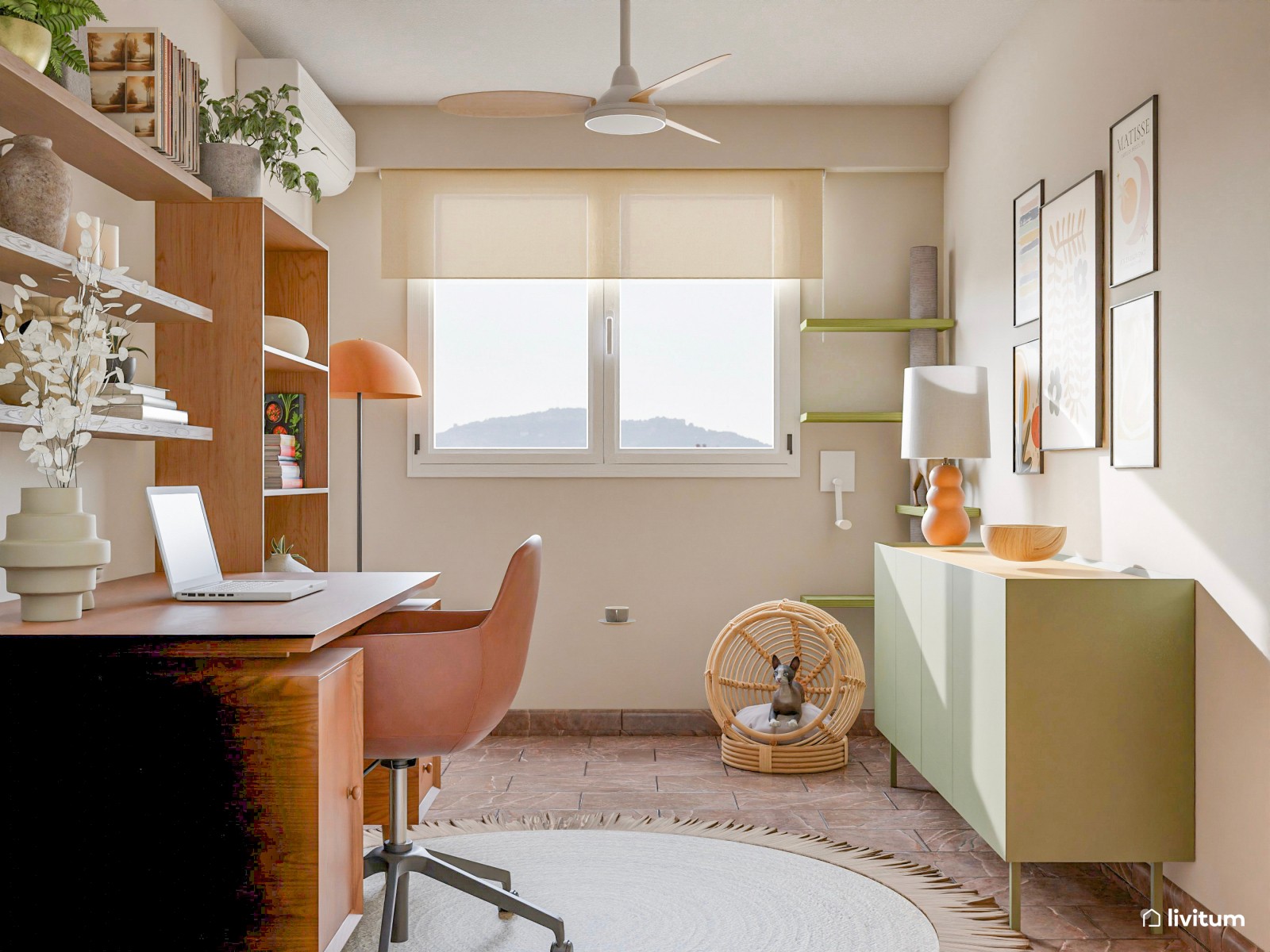 Estudio bohemio con piezas vintage, acentos de color y rincón para mascotas