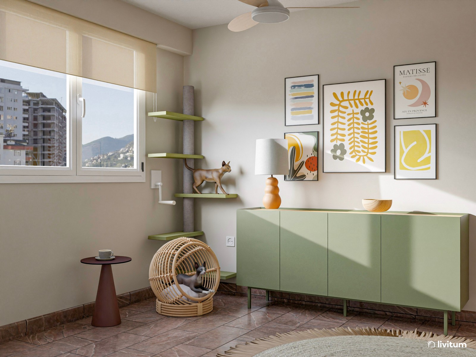 Estudio bohemio con piezas vintage, acentos de color y rincón para mascotas