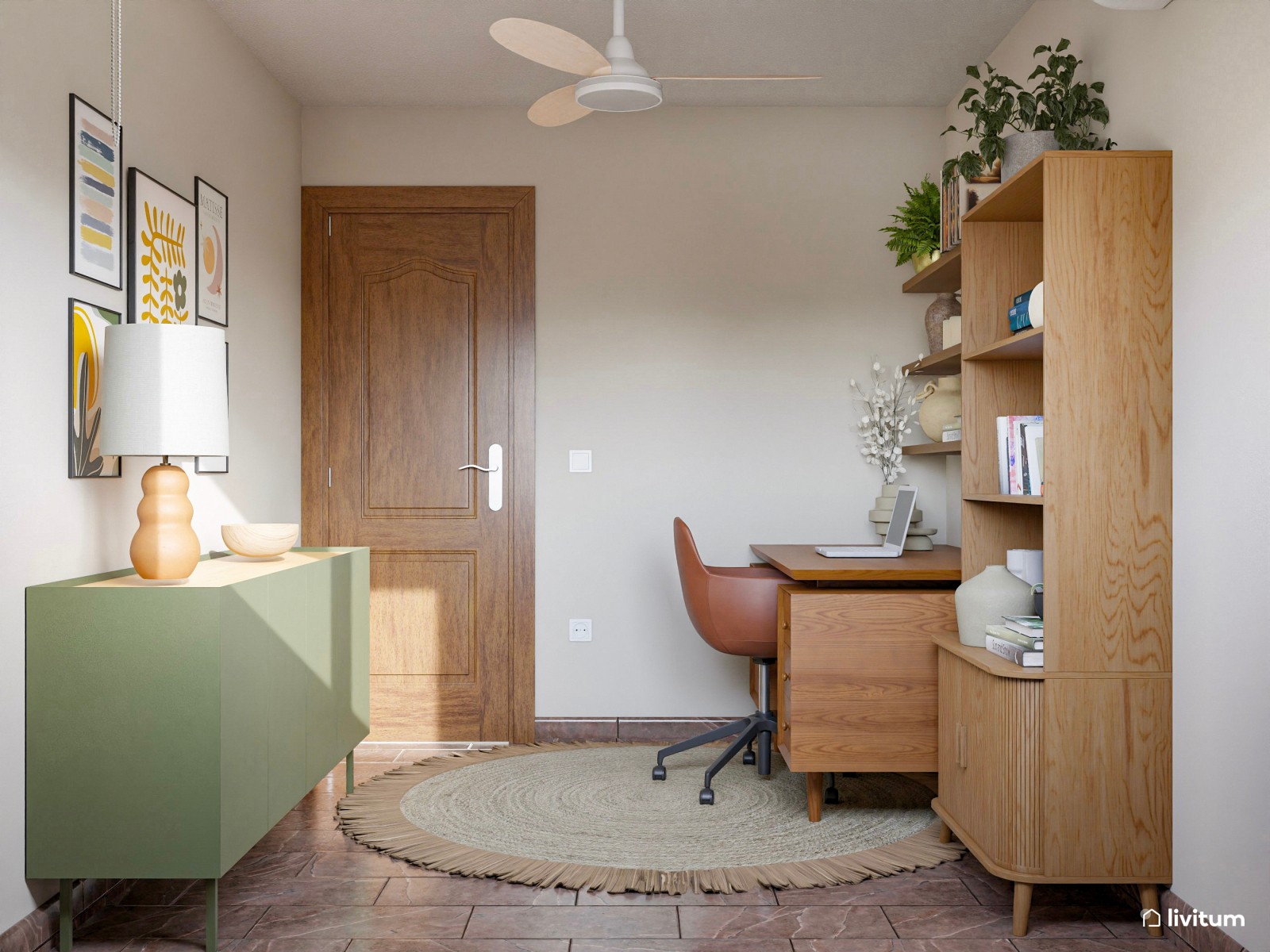 Estudio bohemio con piezas vintage, acentos de color y rincón para mascotas