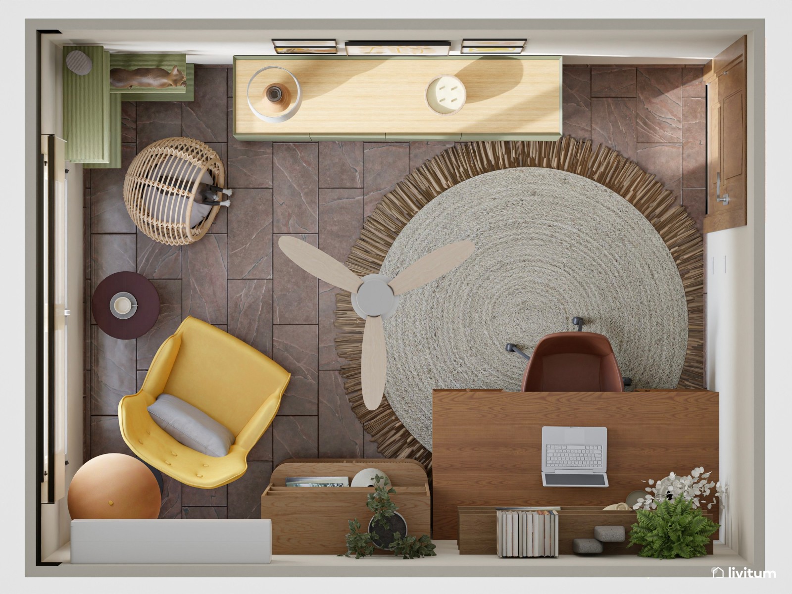 Estudio bohemio con piezas vintage, acentos de color y rincón para mascotas