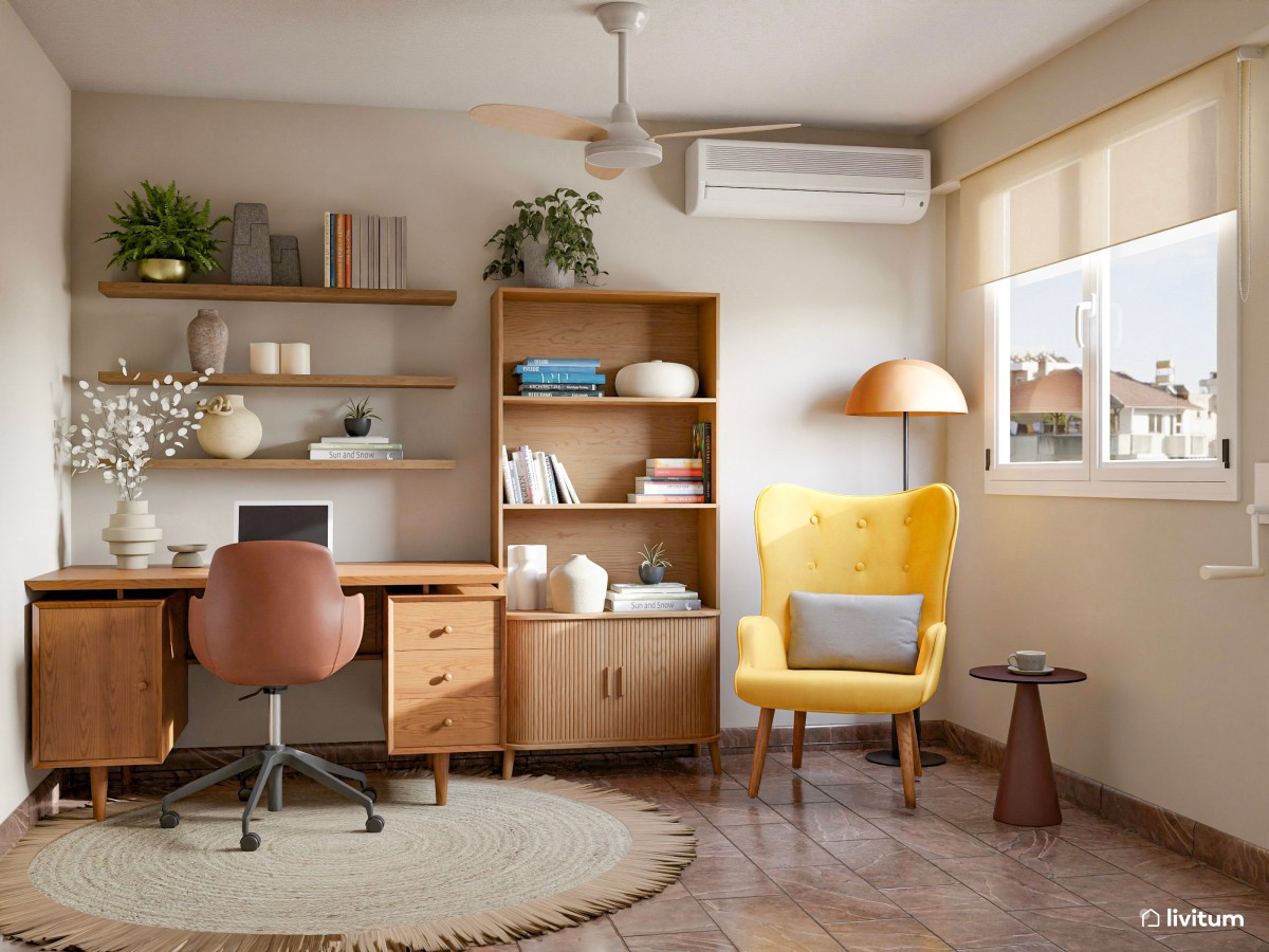 Estudio bohemio con piezas vintage, acentos de color y rincón para mascotas