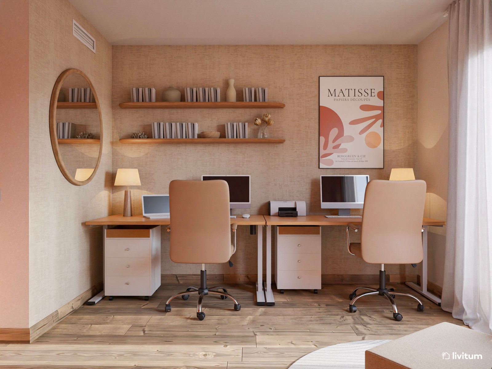Estudio boho moderno con escritorio doble y armario grande