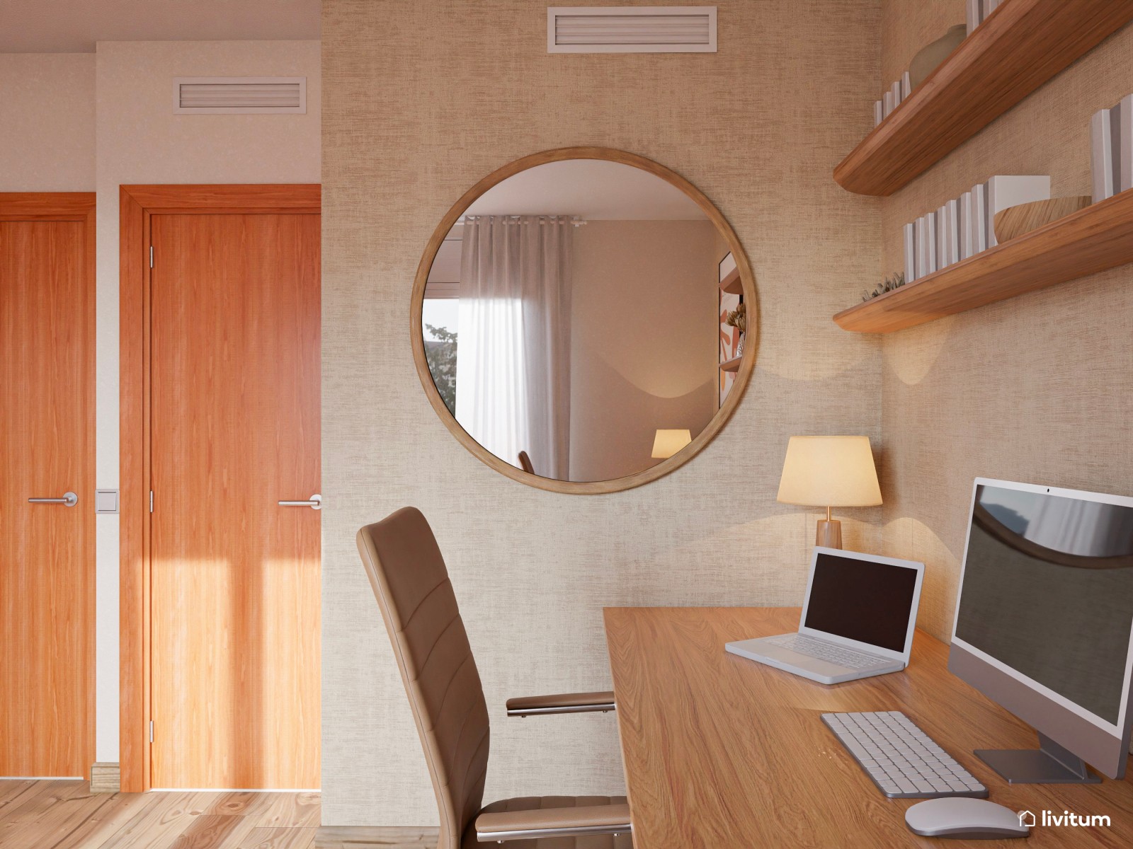 Estudio boho moderno con escritorio doble y armario grande