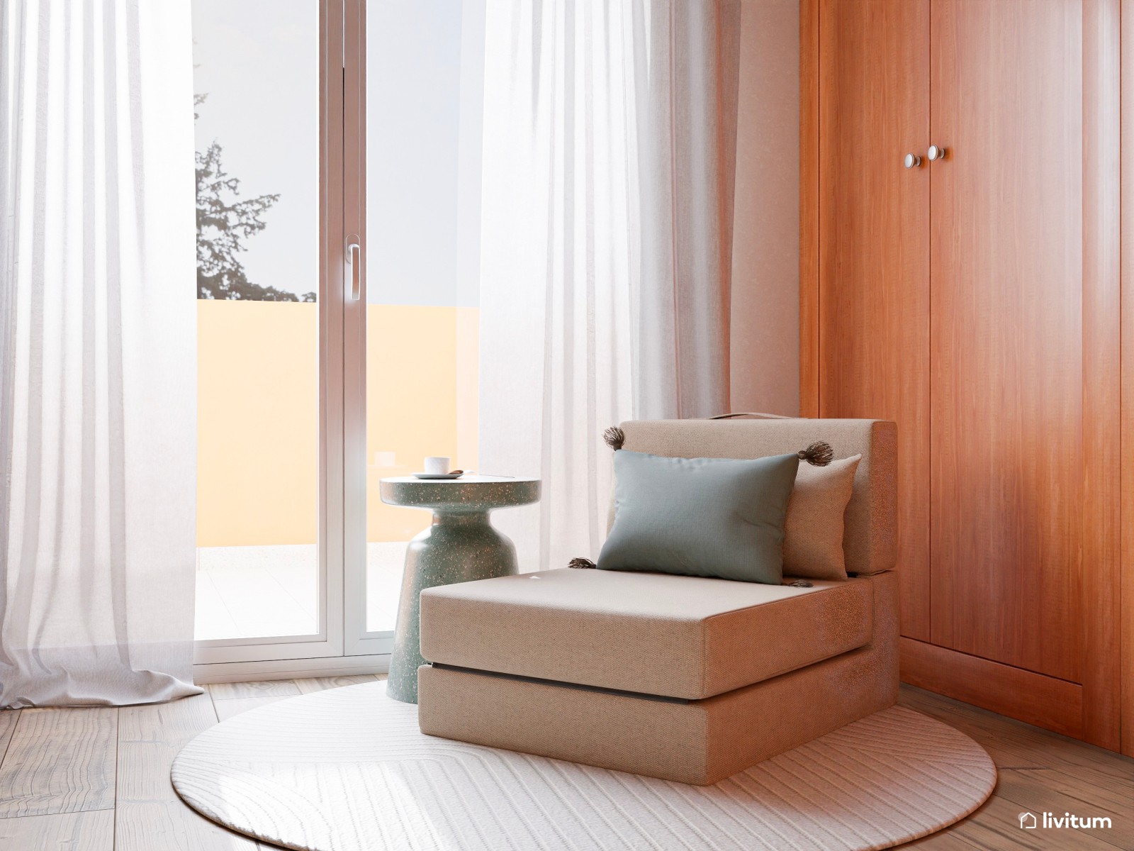 Estudio boho moderno con escritorio doble y armario grande